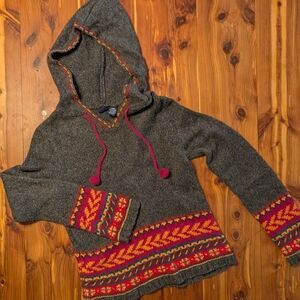 Women's Gray Hooded Sweater with Pink & Yellow Fair Isle Trim